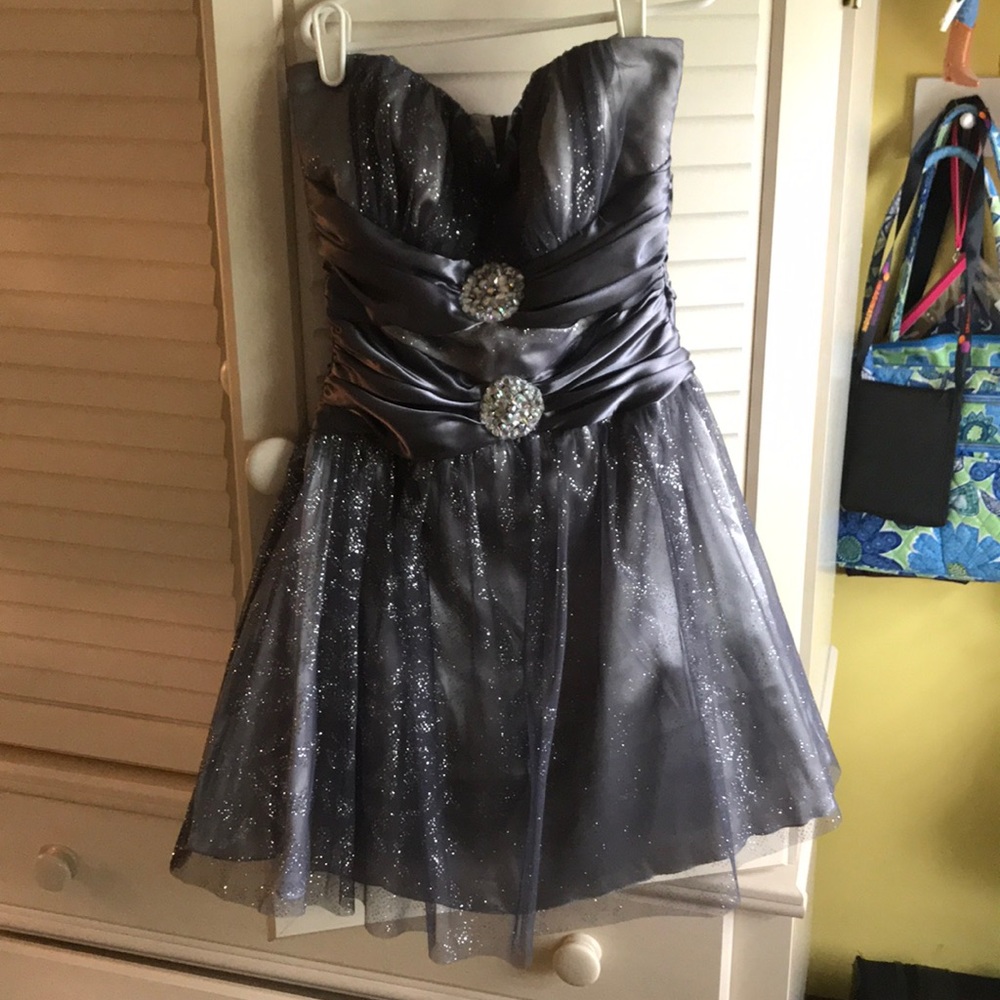 Strapless silver prom dress